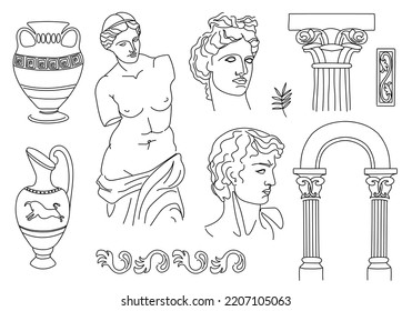 Vector set of antique sculptures, stuties, sculptures, Apollo drawn in doodle style.
