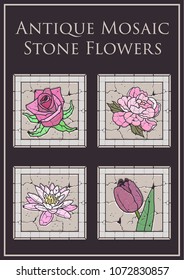 Vector Set of Antique Stone Mosaic Flowers. Rose, Peony, Water Lily, Tulip