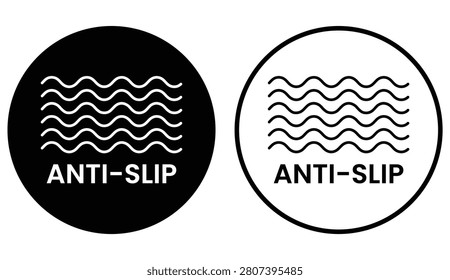 Vector set of anti-slip icons and round circular badges featuring wavy non-slip tread texture symbols for footwear, flooring, and product packaging.