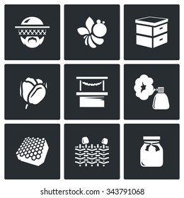 Vector Set of Apiary Icons. Beekeeper, Bee, Hive, Flower, Commerce, Smoke, Honey, Fence,  Jar. Beekeeping. Man, Insect, Apiary, Bud, Shop, Fumigation, Honeycomb, Wicker Fence, Glass Container.