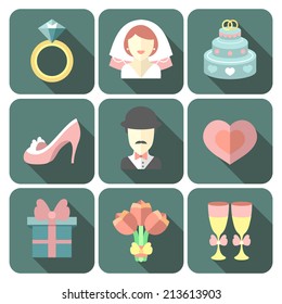Vector set of app wedding trendy flat icons with long shadows effect. Wedding symbols isolated on white background. 