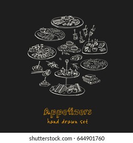 Vector set with appetizers hand drawn doodles. Illustration for menus, recipes and packages product