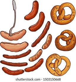 Vector set with appetizing different sausages , pretzels and fork. Isolated on white elements for food design. October fest