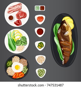 Vector set of appetizing Korean food. Restaurant dishes.