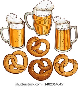 Vector set with appetizing pretzels and glass mags of beer. Octoberfest design. Traditional german drinks and snack. 