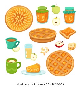 Vector set of apple and apple pie isolated on white background. Autumn set with apples food - jam, fruit pie, juice used for magazine, book, stickers and tag.