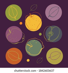Vector set with apples on color background. Flat style.
Illustration for wrapping paper, post cards, prints for clothes, and emblems. Design for cosmetics, spa, health care products and perfume.