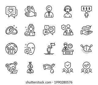 Vector set of Approved group, Consultant and Friends chat line icons set. Medical mask, Face declined and Employee benefits icons. Wash hands, Nurse and Manager signs. Vector