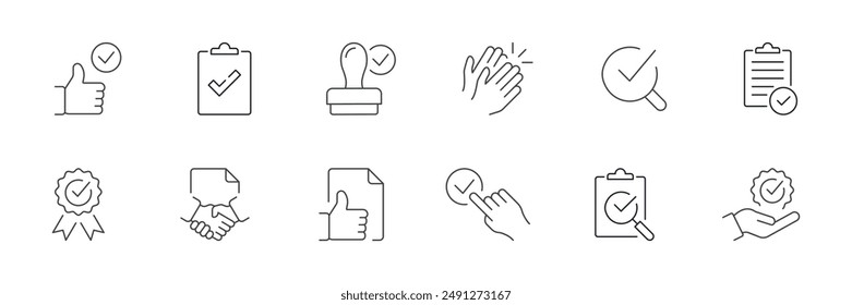 Vector set of approved line icons. Contains icons accepted document, approved, checklist, warranty, stamp, quality control and more. Pixel perfect.