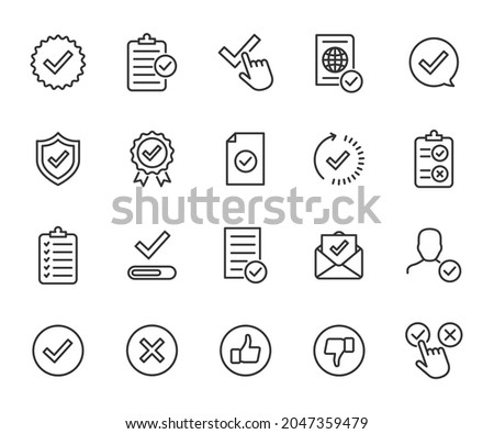 Vector set of approved line icons. Contains icons accepted document, approved and rejected, checklist, warranty, stamp, quality control and more. Pixel perfect. Stock foto © 