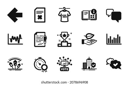 Vector set of Approved, Online voting and Best result icons simple set. Stock analysis, Winner cup and Agreement document icons. Bar diagram, Speech bubble and Delete file signs. Vector