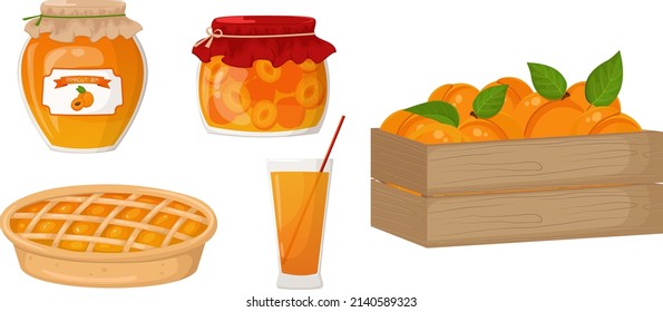 Vector set with apricots, apricot jam, juice and pie