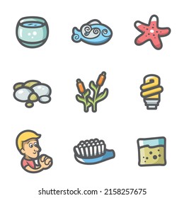 Conjunto vectorial de Iconos Acuarios. Capacidad, pescado, pez estrella, guijarros, caña, luz, deseo, cepillo, pienso.