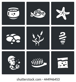 Vector Set of Aquarium Icons. Capacity, fish, starfish, pebble, reed, light, desire, brush, feed. Underwater World at home, hobby for relaxation.
