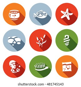 Vector Set of Aquarium Icons. Capacity, fish, starfish, pebble, reed, light, desire, brush, feed.