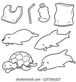 vector set of aquatic animal and plastic