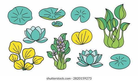 Vector set of aquatic botanical elements featuring lotus flowers, water lily pads, green leaves, and flowering water hyacinths with bold black outlines on a white background.