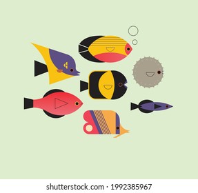 Vector set of aquatic ocean fishes in modern flat illustration style. Logo of underwater creatures and river animals. Minimalistic aquarium icons