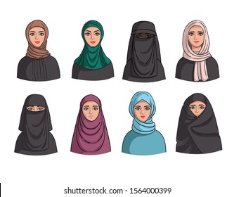Vector set with arab and eastern women. Muslim clothes and shit. Illustrations fo use in design