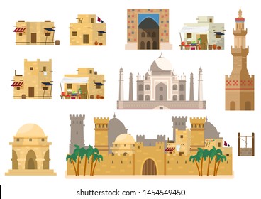 Vector Set Of Arabic Architecture. Houses, Taj Mahal, Rotunda, Castle, Towers, Market Building, Gates, Well. Mud Brick Buildings. Flat Style.