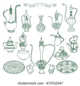 Vektorset aus arabischem Geschirr. Orientalische Töpferschalen, Illustration auf weißem Hintergrund. Eid al Fitr. Ramadan. Eid al-Adha. Nowruz