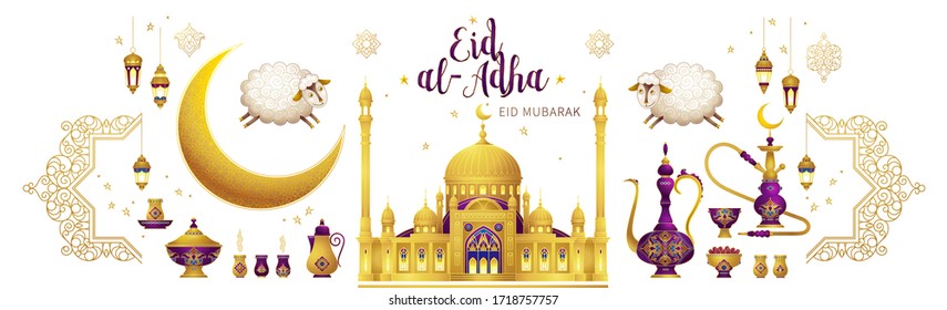 Vector set with arabic elements, lettering for Ramadan Greetings, Eid Al-Adha, Eid Mubarak cards. Arabic hookah, mosque, coffee pot, sheep, crescent, Eastern lanterns for Kurban Bayraminiz decoration.