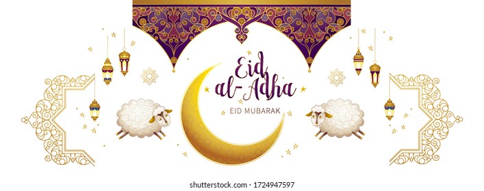 Vector set with arabic elements, lettering for Ramadan Greetings, Eid Al-Adha, Eid Mubarak cards. Arabic sheep, crescent, Eastern lanterns for Kurban Bayraminiz. Islamic holidays. Easy to use, layred