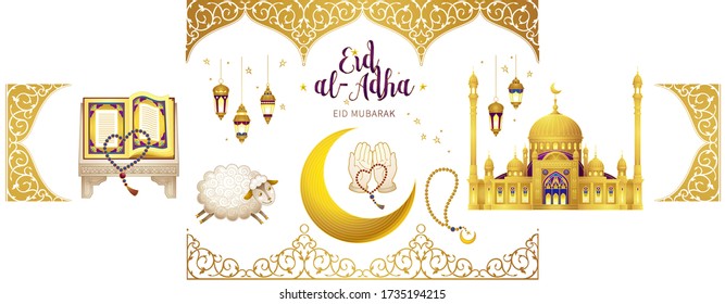 Vector set with arabic elements, lettering for Ramadan Greetings, Eid Al-Adha, Eid Mubarak cards. Arabic mosque, koran, crescent, Eastern lanterns for Kurban Bayraminiz. Islamic holidays. Easy to use,