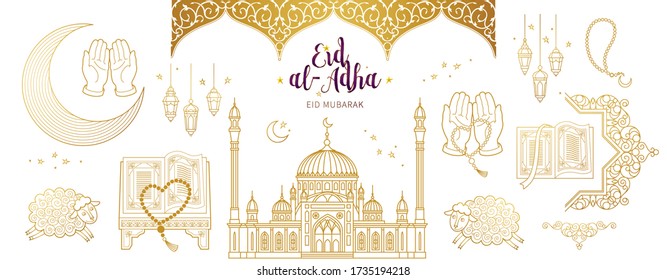 Vector set with arabic elements, lettering for Ramadan Greetings, Eid Al-Adha, Eid Mubarak cards. Arabic mosque, koran, crescent, Eastern lanterns for Kurban Bayraminiz. Islamic holidays. Easy to use,