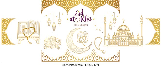Vector set with arabic elements, lettering for Ramadan Greetings, Eid Al-Adha, Eid Mubarak cards. Arabic mosque, koran, crescent, Eastern lanterns for Kurban Bayraminiz. Islamic holidays. Easy to use,