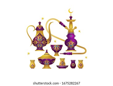 Vector set with arabic elements for Ramadan Greetings, Iftar Party  invitation. Arabic hookah, coffee mug, stars, crescent for Iftar decoration. Muslim feast of the holy of Ramadan month. 