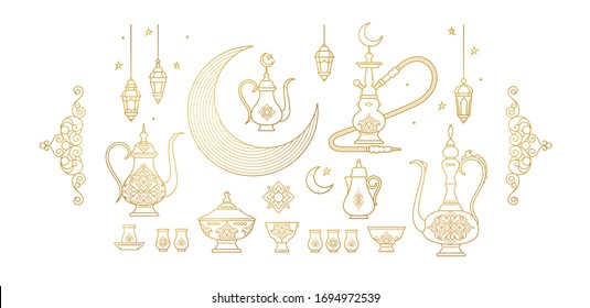 Vector set with arabic elements for Ramadan Greetings, Iftar Party  invitation. Arabic hookah, coffee pot, crescent, Eastern lanterns for Iftar, Eid Al-Fitr decoration. Muslim feast of Ramadan month. 