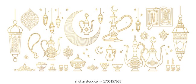 Vector set with arabic elements for Ramadan Greetings, Iftar Party  invitation. Arabic hookah, coffee pot, crescent, Eastern lanterns for Iftar, Eid Al-Fitr decoration. Muslim feast of Ramadan month. 