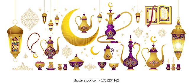 Vector ambientado con elementos árabes para saludos de Ramadán, invitación del Partido Iftar. Canguro árabe, cafetera, media luna, farolillos orientales. Fiesta musulmana del mes de Ramadán. 