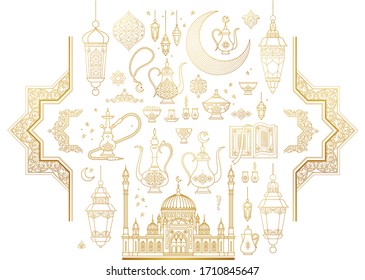 Vector set with arabic elements for Ramadan Greetings, Iftar Party  invitation. Arabic hookah, coffee pot, crescent, Eastern lanterns for Iftar, Eid Al-Fitr decoration. Muslim feast of Ramadan month. 