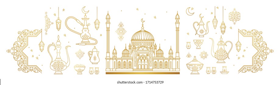 Vector set with arabic elements for Ramadan Greetings, Iftar Party  invitation. Arabic hookah, mosque, coffee pot, crescent, Eastern lanterns for Iftar, Eid Al-Fitr decoration. Muslim feast of Ramadan