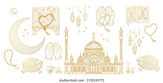 Vector set with arabic elements for Ramadan Greetings, Eid Al-Adha, Eid Mubarak cards. Arabic mosque, koran, crescent, Eastern lanterns for Kurban Bayraminiz. Islamic holidays. Easy to use, layred