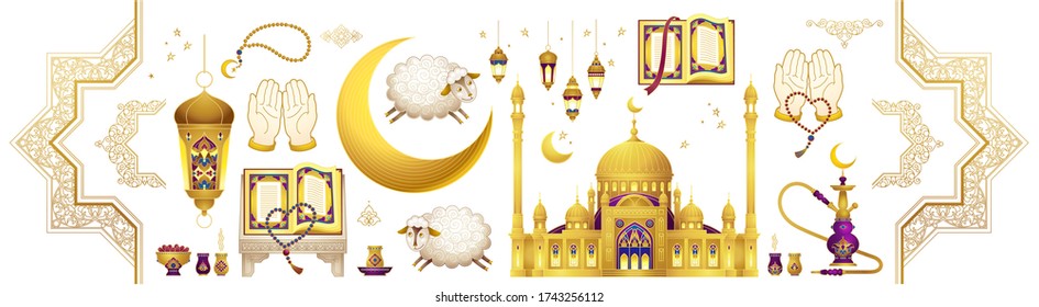 Vector set with arabic elements for Ramadan Greetings, Eid Al-Adha, Eid Mubarak cards. Arabic mosque, koran, crescent, Eastern lanterns for Kurban Bayraminiz. Islamic holidays. Easy to use, layred