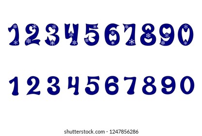 Vector. Set of Arabic numerals from 0 to 9. The figures are blue, decorated with snowflakes. Christmas theme.