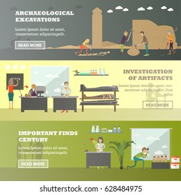 Vector set of archaeological horizontal banners. Archaeological excavations, Investigation of artifacts, Important finds of century concept design elements in flat style.
