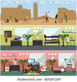 Vector set of archaeologists concept posters, banners. Scientists, archaeologists engaged in research, laboratory interior and equipment, archaeological excavations. Flat style design elements.