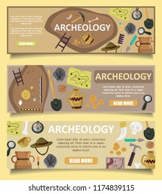Vector set of archaeology banners web templates with archaeological site, ancient artifacts, archaeological tools, copy space, read more button.
