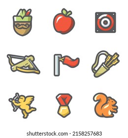 Vector Set of Archery Icons. Robin Hood, Apple, Target, Crossbow, Shooter, Wind, Amur, Medal, Squirrel.