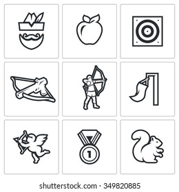 Vector Set of Archery Icons. Robin Hood, Apple, Target, Crossbow, Shooter, Wind, Amur, Medal, Squirrel. Man, Fruit, Shooting, Arms, Athlete, Flag, Cupid, Award, Animal