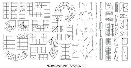 Conjunto de vectores. Elementos arquitectónicos para el plano de planta. Vista superior. Escaleras, puertas, ventanas, armarios. Vista desde arriba.