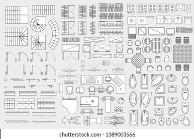 Vector set. Architectural elements and furniture for the floor plan. Top view. Ladders, doors, windows, wardrobes, trainers, tables, baths, toilet bowls, urinals. View from above.