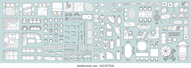 Vector set. Architectural elements and furniture for the floor plan. Top view. Beds, sofas, kitchens, chairs, doors, windows, wardrobes, trainers, tables, baths, toilet bowls. View from above.