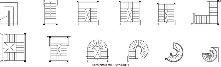 Vector set. Architectural elements Many Types of Stairs for the floor plan. Top view, View from above.