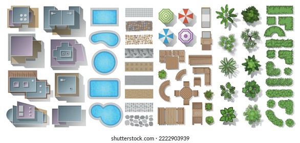 Vector set of architectural elements. Top view. Houses, swimming pools, paths, outdoor furniture, umbrellas, trees, green fences. View from above.