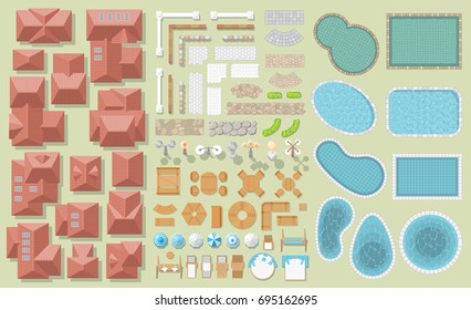 Vector set of architectural elements. (Top view) House with shingles, pools of various shapes, paths, fences, lights, furniture. (View from above)